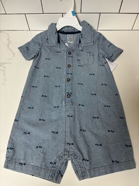 Carter's Light Blue Denim Romper with puppy print